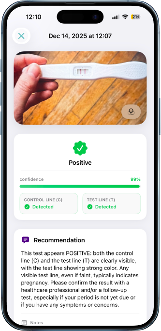 AI Pregnancy Test Checker app showing positive result with 99% confidence